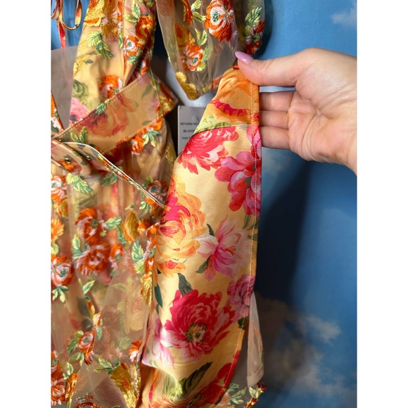 For Love & Lemons Floral Mini Dress Large Golden Yellow Plunge Short Sleeve Nwt - Picture 8 of 15